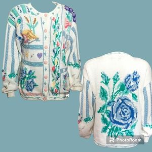 Vintage 90s Handknit floral novelty cottagecore cardigan sweater by Eagle's Eye.